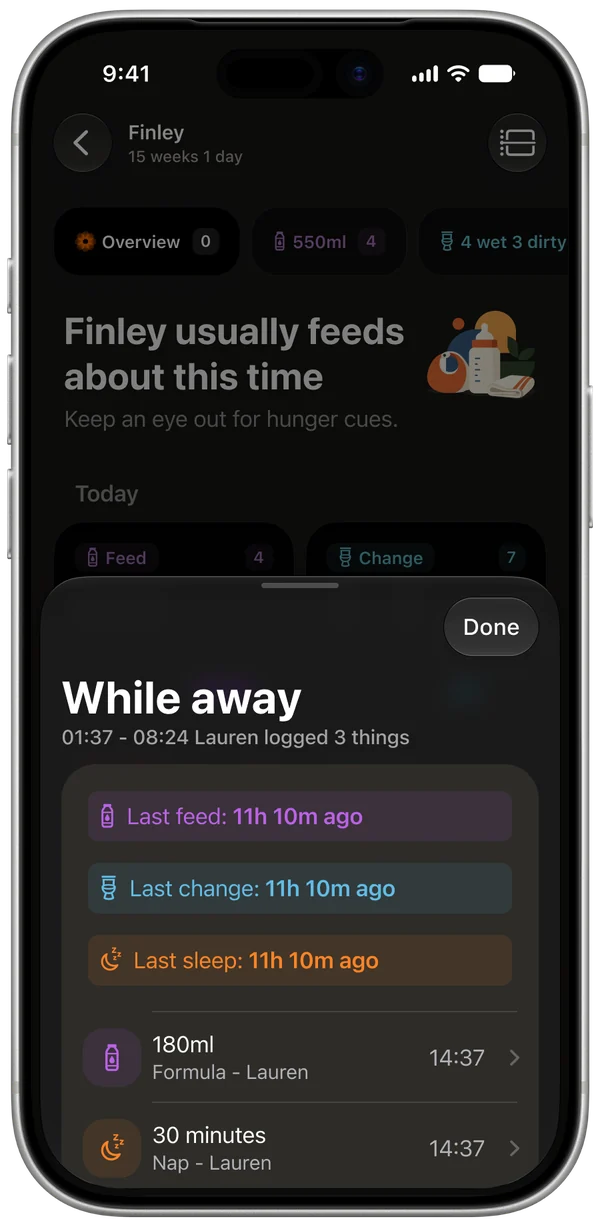 The while-away summary listing what a partner logged