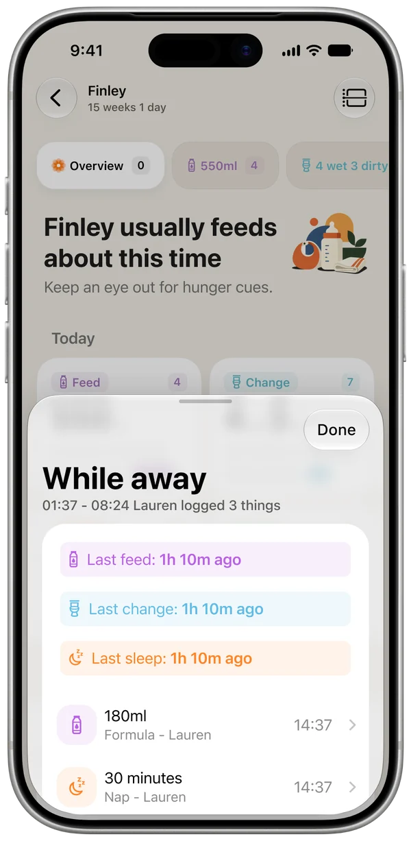 The while-away summary listing what a partner logged
