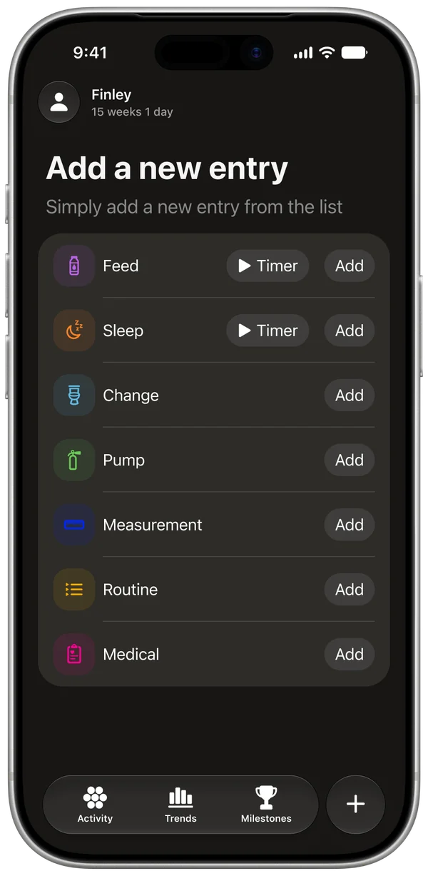 The new entry screen, with timers for feeds and sleep