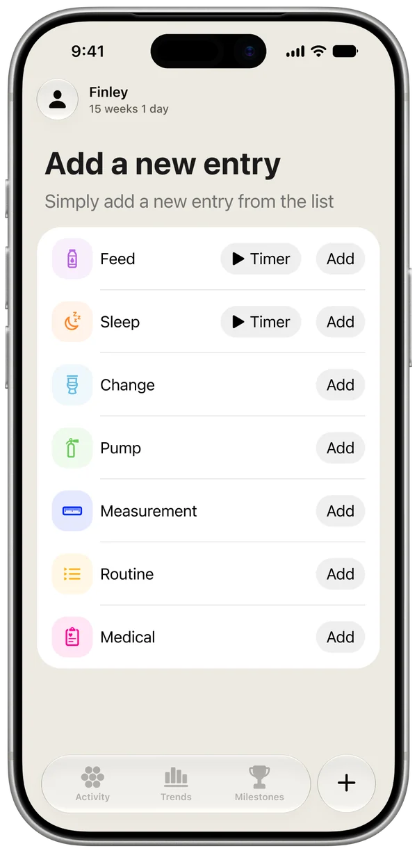 The new entry screen, with timers for feeds and sleep