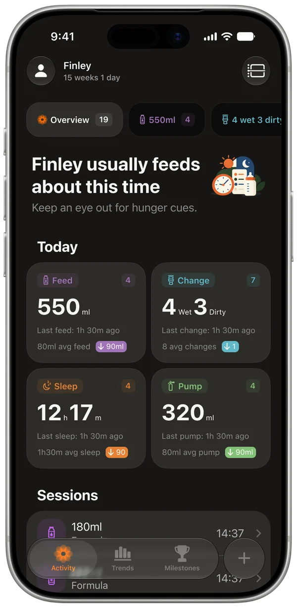 Pumpkin's overview screen showing today's feeds, nappies, sleep and pumping