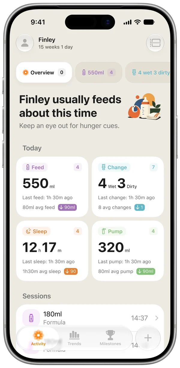 Pumpkin's overview screen showing today's feeds, nappies, sleep and pumping